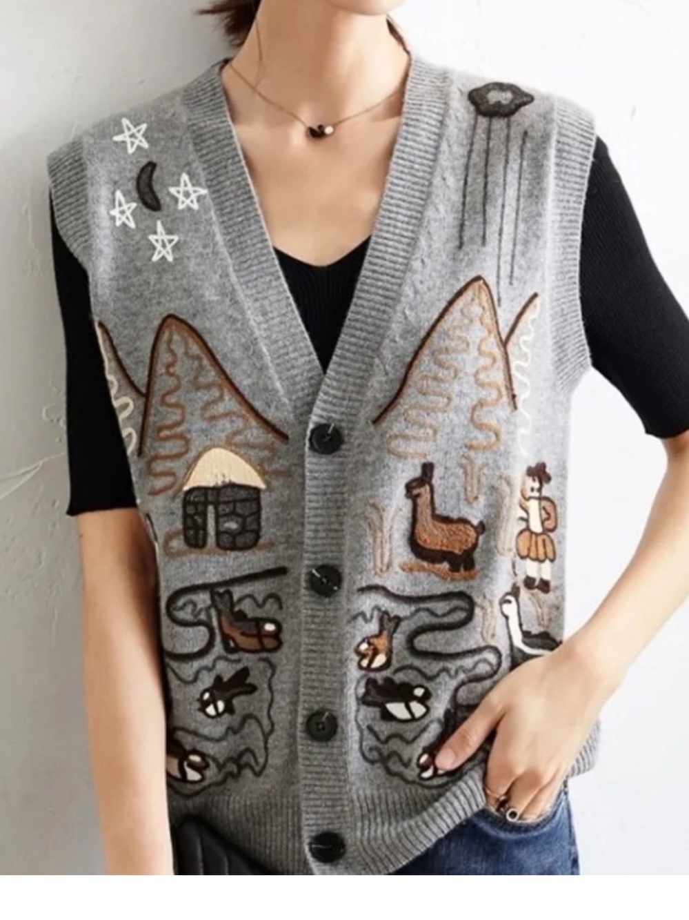 Cashmere Embroidered Mountain Scene Button Vest